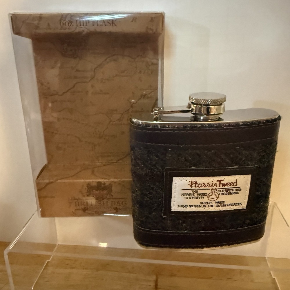 Harris Tweed Hip Flask- Dark Green And Plum Check